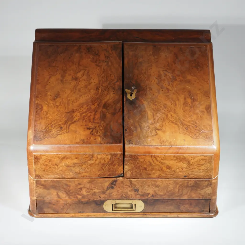 19th Century Burr Walnut Stationary Cabinet / Box with Sloping Hinged Doors Enclosing letter Compartment & A Drawer Image 1++