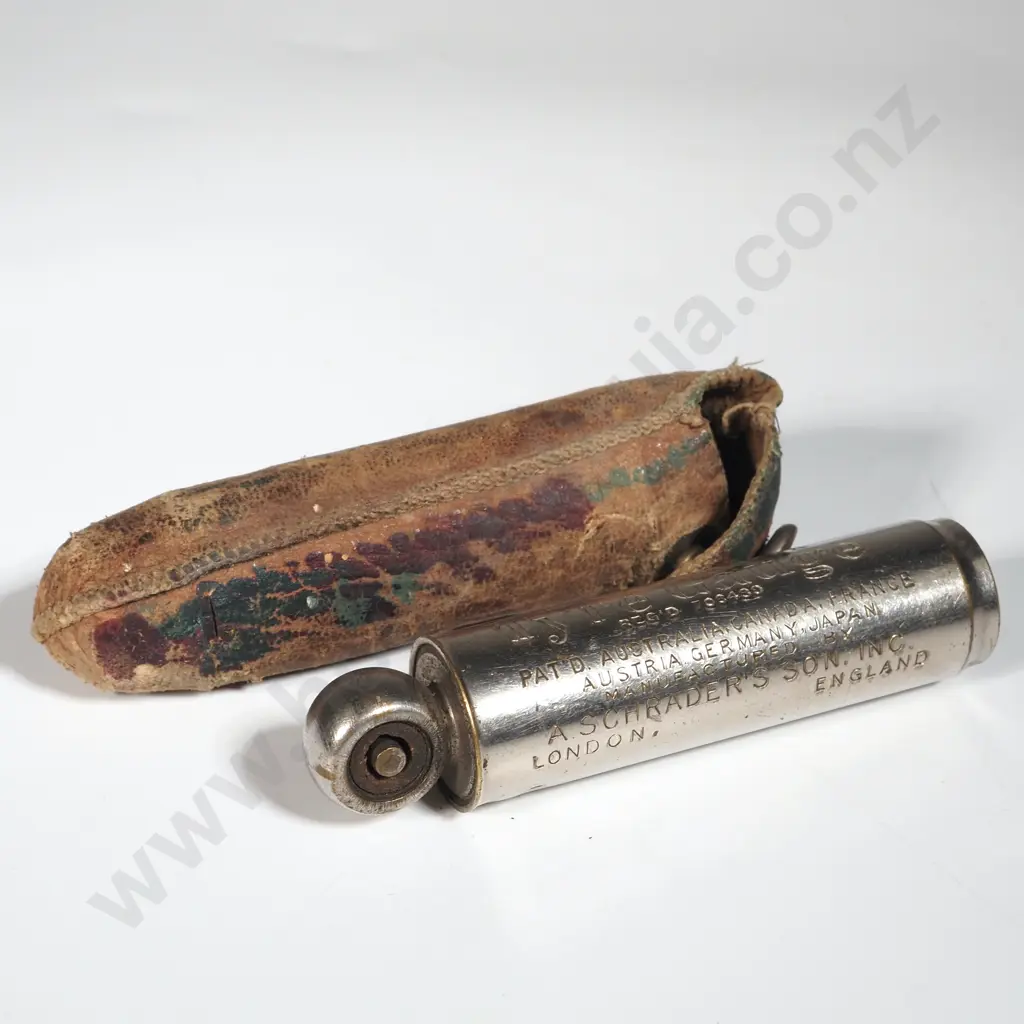 Vintage 1920s Schrader Tire Gauge | Original Leather Case | United States Tire Co | Patented 1909-1922 Image 1++