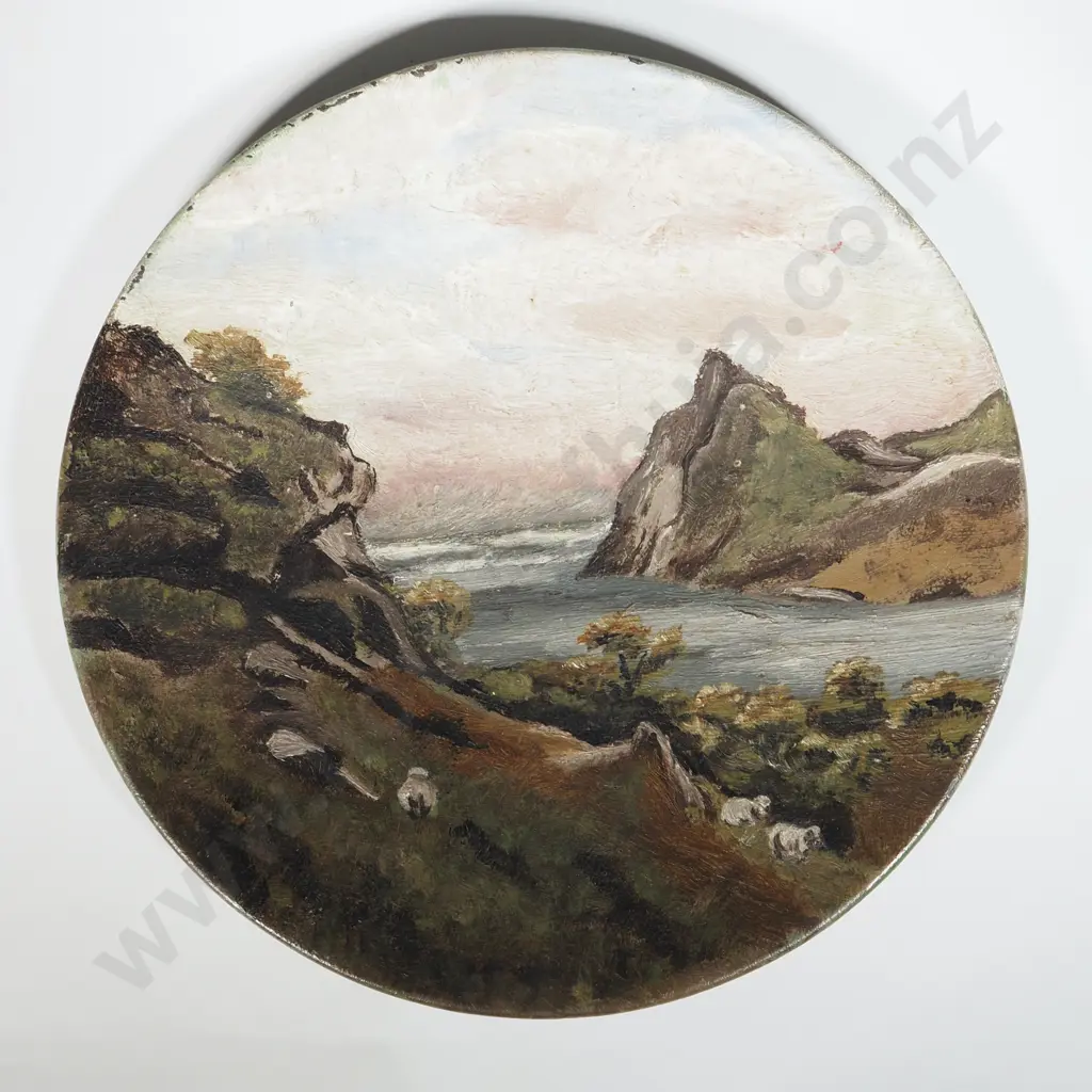 Antique Painted Circular Tin Plate With Coastal Scene. Image 1++