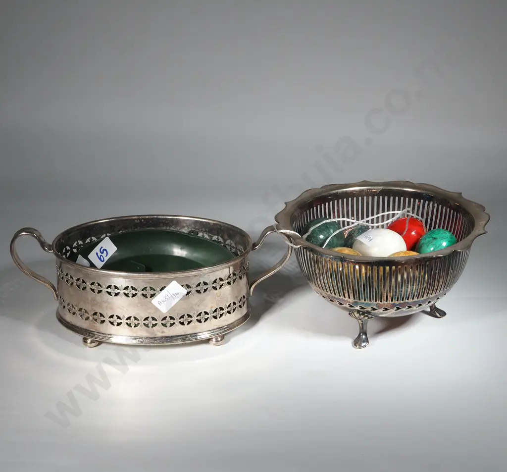 Collection Of Marble Eggs Contained In A Pierced Silver Plate Bowl  On Three Legs & With A Silver Plate Oval Container Image 1++