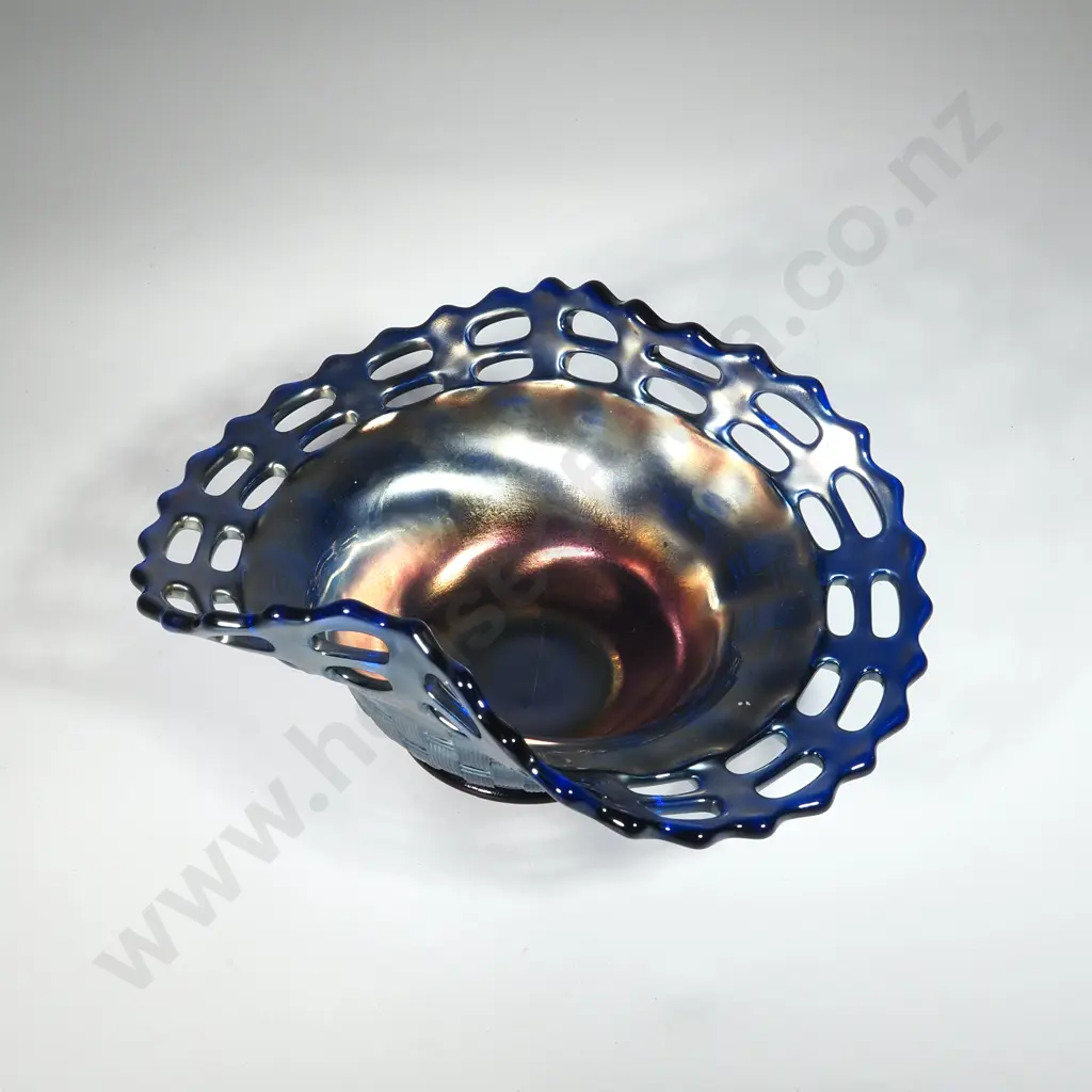 Mid Century Open Edged Iridescent Blue/Silver Carnival Glass Bowl. Image 1++