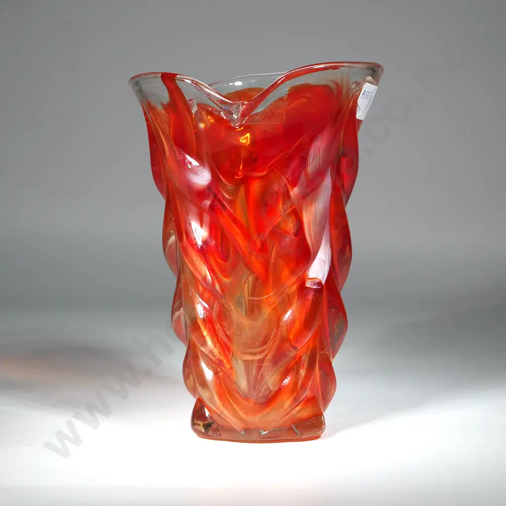 Orange & Clear Glass Swirl Art Glass Vase with Scalloped Rim  Image 1++
