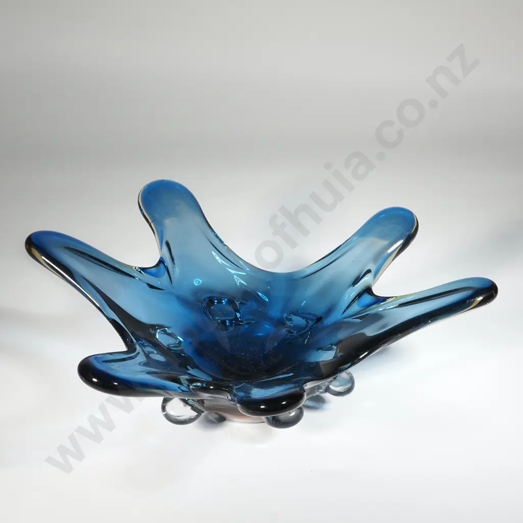 Murano Art Glass - 1950's Heavy Blue Dish w  Blue Body & Clear Glass Lobes Around the Base. Image 1++