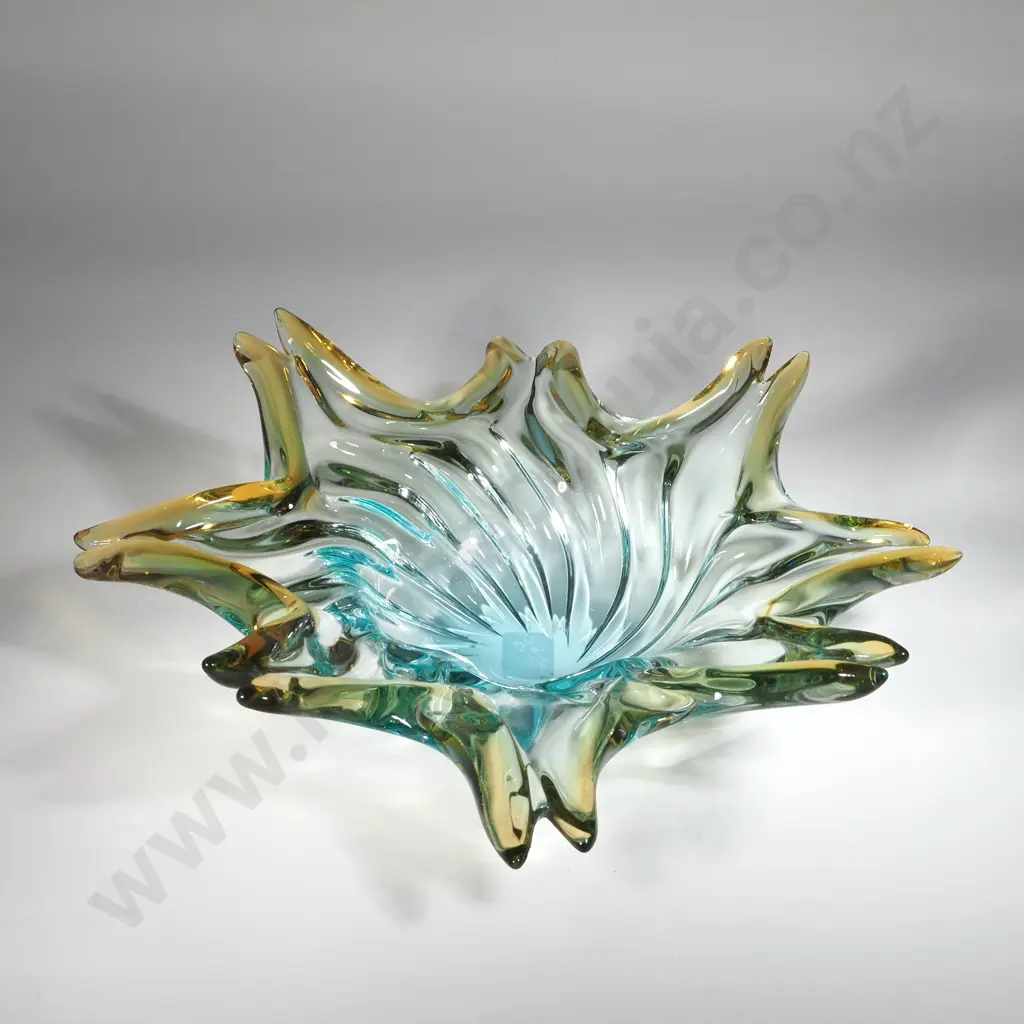 Murano Art Glass - Vintage Two Toned Bowl Light Teal/Clear Glass Graduating to Caramel Tips. Image 1++