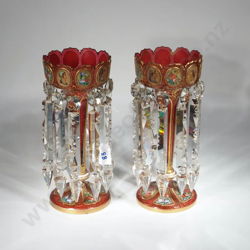 Pair Of Cranberry Bohemian Glass Moser School Lustre Decoration With Hand Painted Portraits To Rim & Flowers To Base.  Image 1++