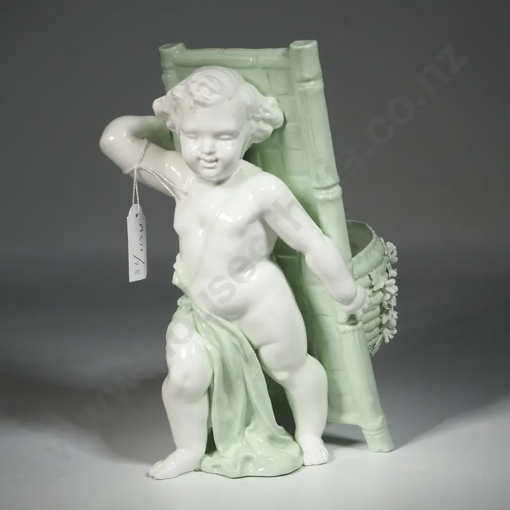 Antique Celadon & White Porcelain Spill Vase In The Form Of A Cherub Carrying A Basket.Possibly Minton Porcelain, Image 1++