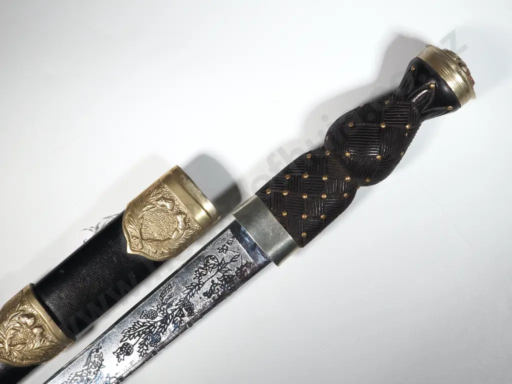 Decorative Scottish Dirk w Leather Scabbard & Silver Plated Mounts. Image 1++