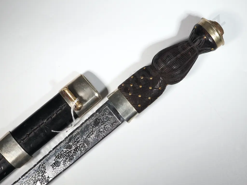 Decorative Scottish Dirk w Leather Scabbard & Silver Plated Mounts. Image 1++