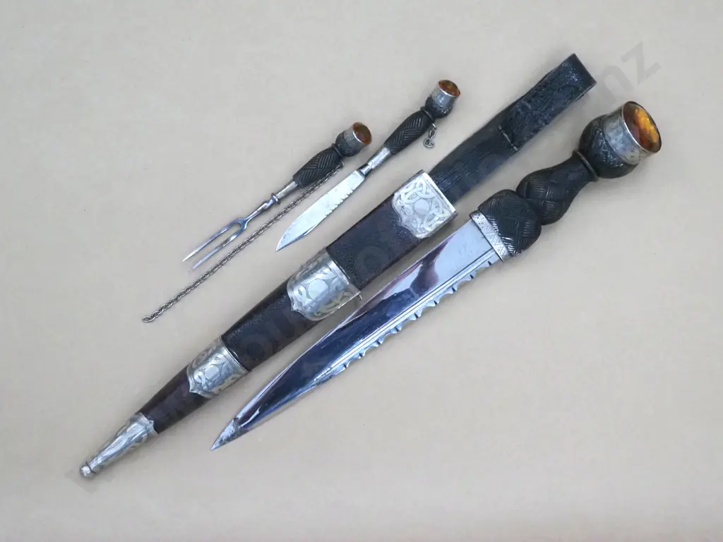 Scottish Dirk w Small Knife & Fork,  Large Amber Coloured Gem to Handles & Silver Plate Mounts. Image 1++