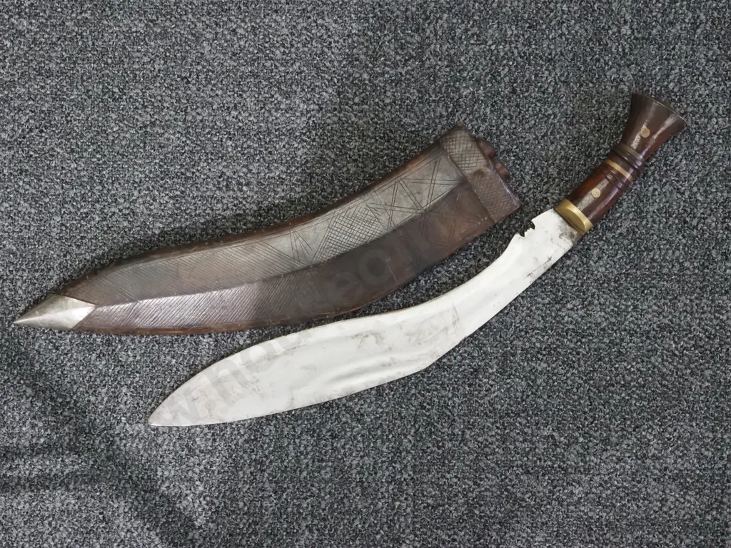 Kukhri Knife in a Leather Scabbard w Two Companion Knives. Image 1++