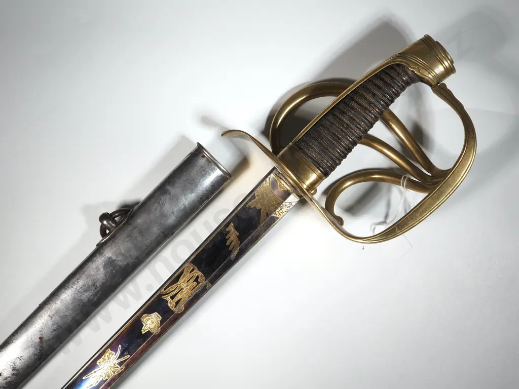 Brass Hilted Cavalry Sword Part Blued Blade w Metal Scabbard. Possibly French. Image 1++