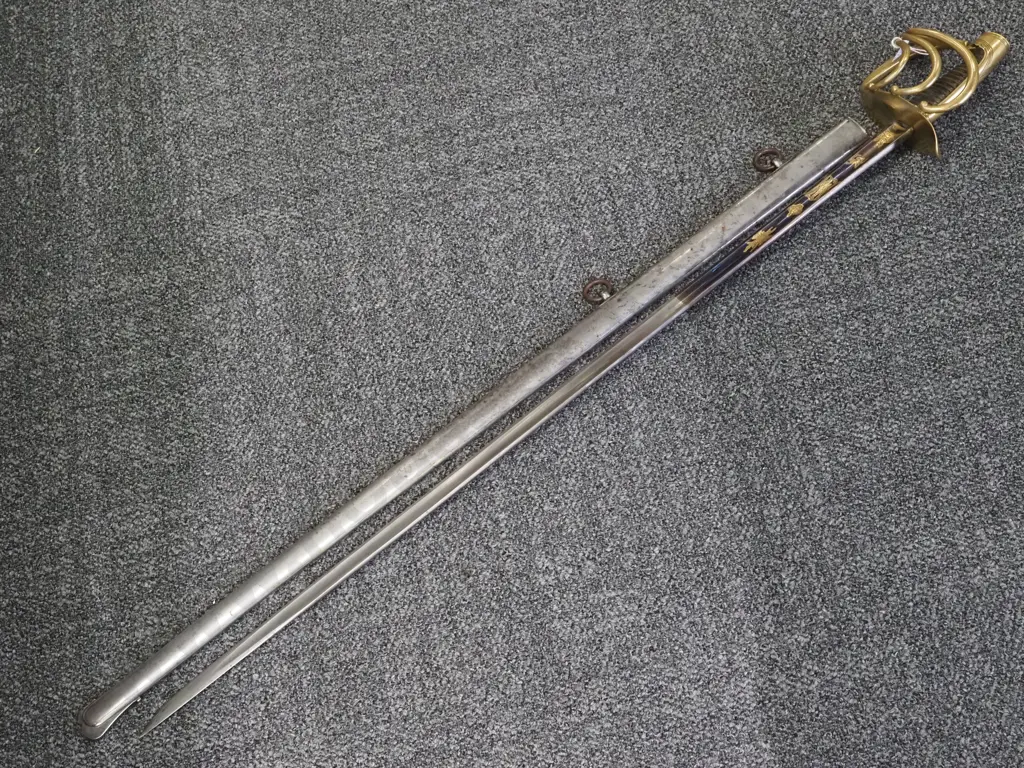 Brass Hilted Cavalry Sword Part Blued Blade w Metal Scabbard. Possibly French. Image 1++