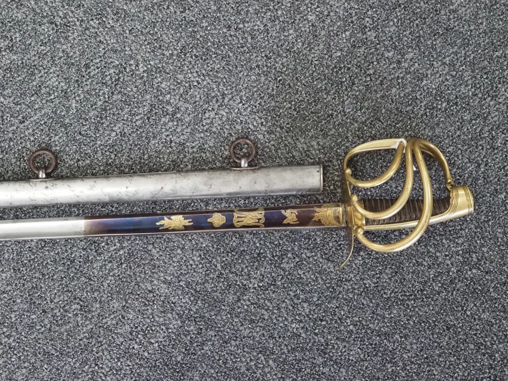 Brass Hilted Cavalry Sword Part Blued Blade w Metal Scabbard. Possibly French. Image 1++