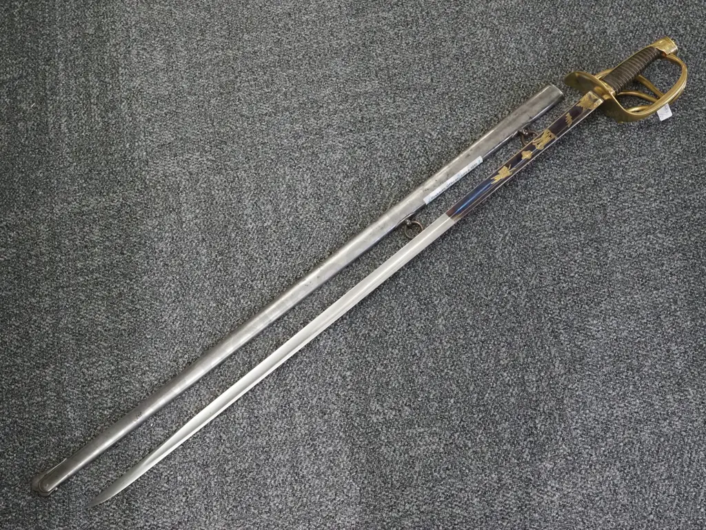 Brass Hilted Cavalry Sword Part Blued Blade w Metal Scabbard. Possibly French. Image 1++