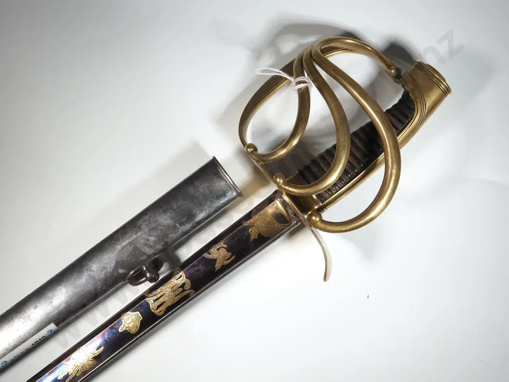 Brass Hilted Cavalry Sword Part Blued Blade w Metal Scabbard. Possibly French. Image 1++