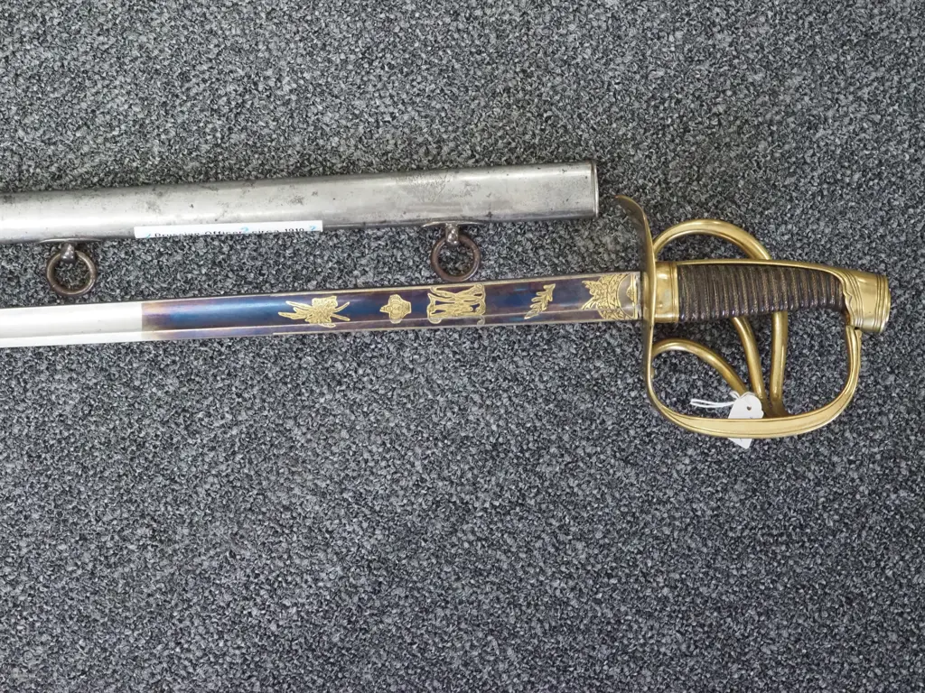 Brass Hilted Cavalry Sword Part Blued Blade w Metal Scabbard. Possibly French. Image 1++