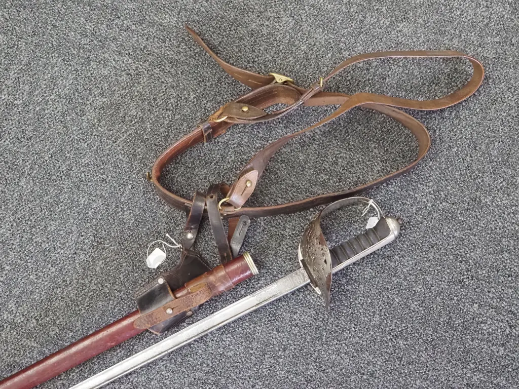 1898 Pattern Infantry Sword - George V. Made by Wilkinson. Leather Scabbard & Sam Brown Belt & Frog. Image 1++