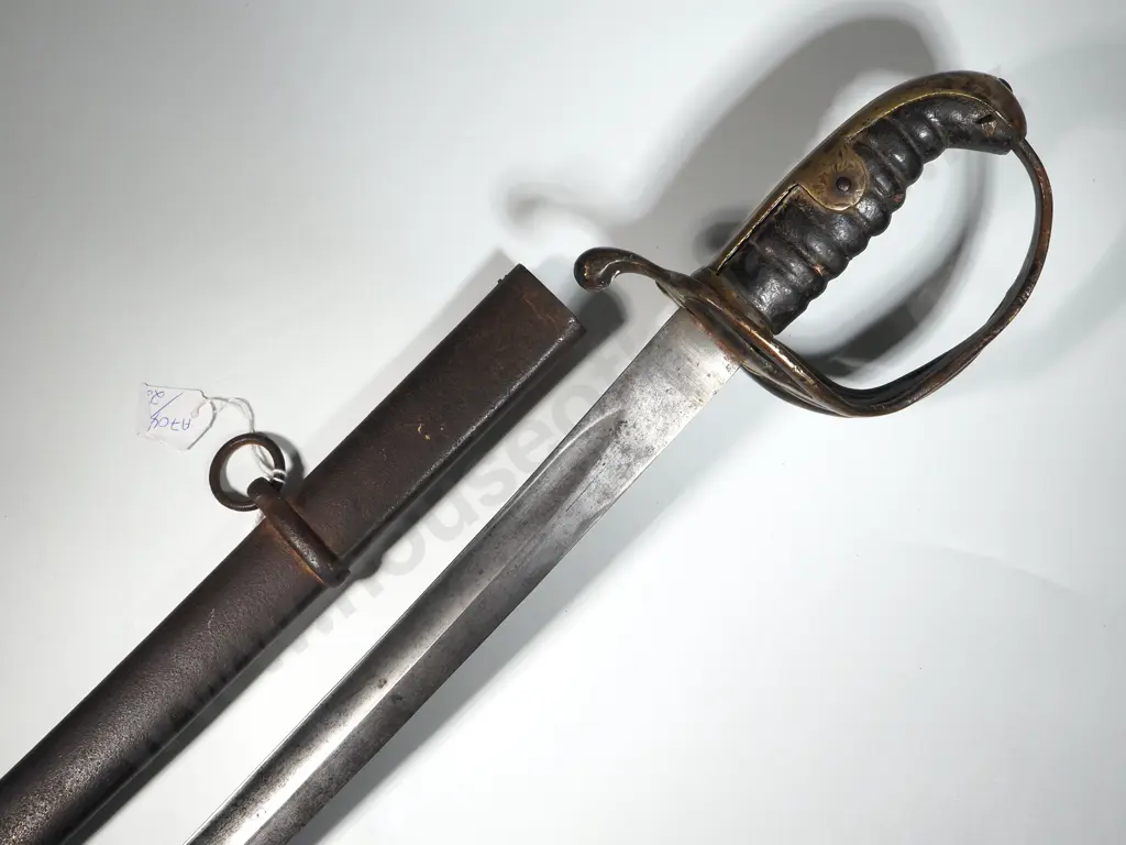 large Curved Sword w Metal Scabbard w Dents. Damage to Hand-guard. Image 1++