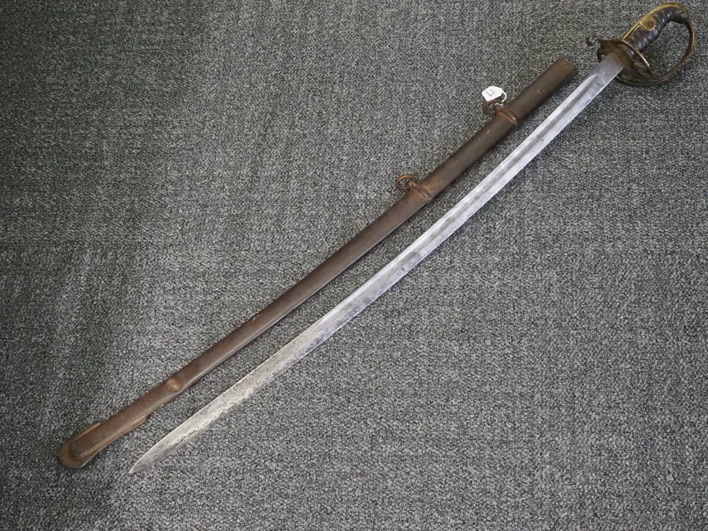 large Curved Sword w Metal Scabbard w Dents. Damage to Hand-guard. Image 1++