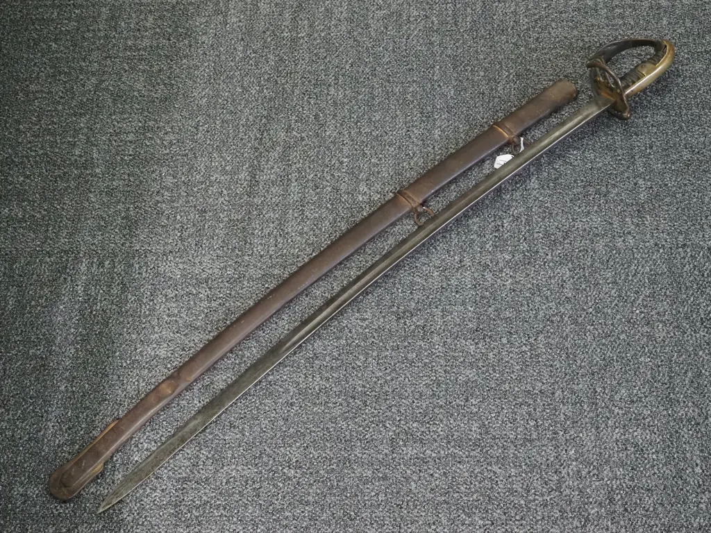 large Curved Sword w Metal Scabbard w Dents. Damage to Hand-guard. Image 1++
