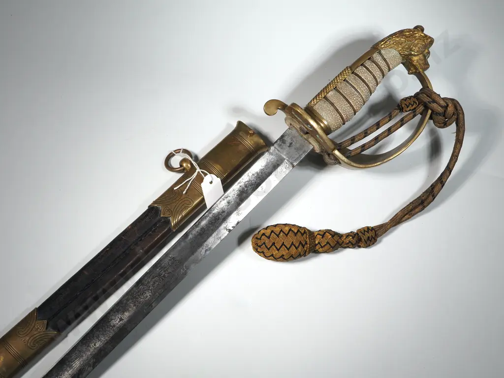 1827 Pattern Naval Sword w Leather Scabbard & Sword Knot.  Manufactured by J.Friedeberg, Portsea. Image 1++
