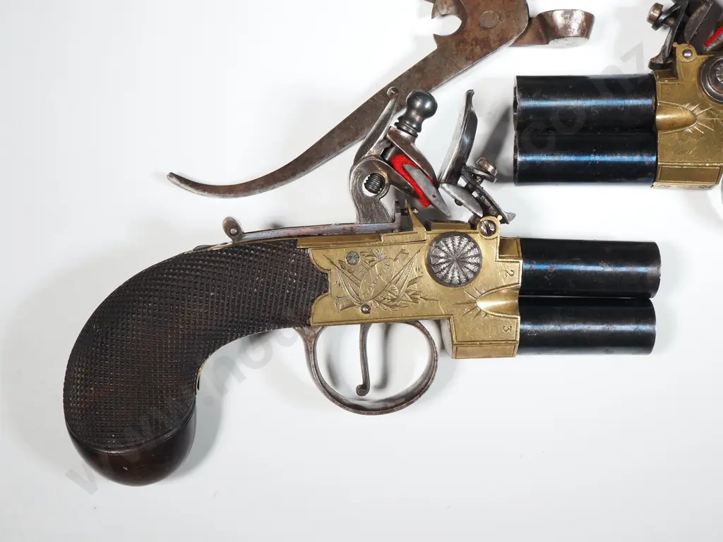 Pair of Double Barrel 80 Bore Flintlock Taplock Pistols w Birmingham Proof Marks 1805-1815 - w Bullet Mould Image 1++