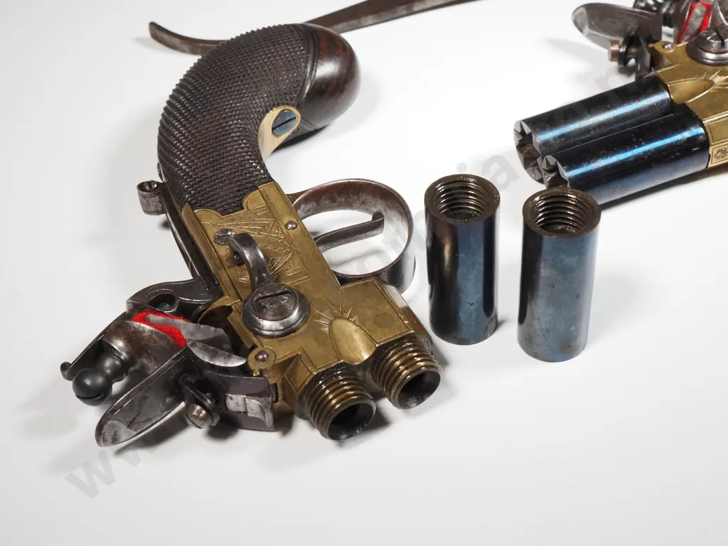 Pair of Double Barrel 80 Bore Flintlock Taplock Pistols w Birmingham Proof Marks 1805-1815 - w Bullet Mould Image 1++