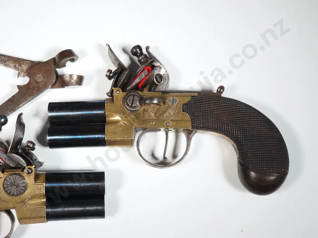 Pair of Double Barrel 80 Bore Flintlock Taplock Pistols w Birmingham Proof Marks 1805-1815 - w Bullet Mould Image 1++