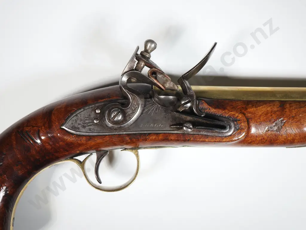 Brass Barrel 24 Bore Flintlock Coaching Pistol y J Hall 0 London w Birmingham Proof marks c 1790 - Rammer w Drawing Image 1++