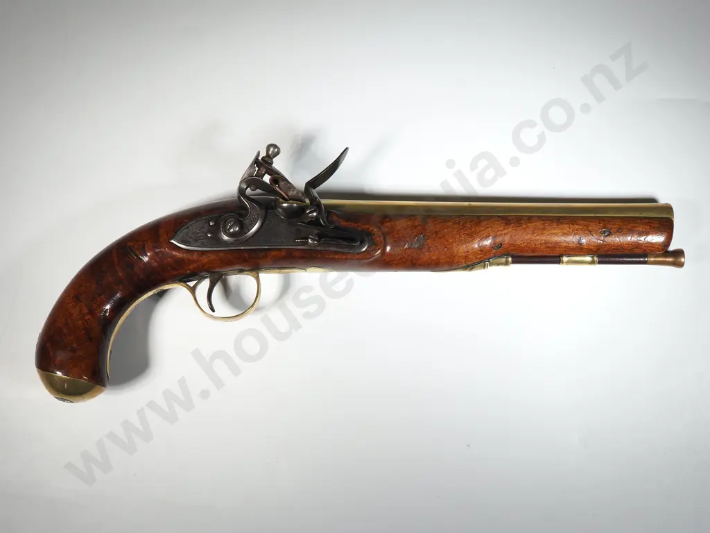 Brass Barrel 24 Bore Flintlock Coaching Pistol y J Hall 0 London w Birmingham Proof marks c 1790 - Rammer w Drawing Image 1++