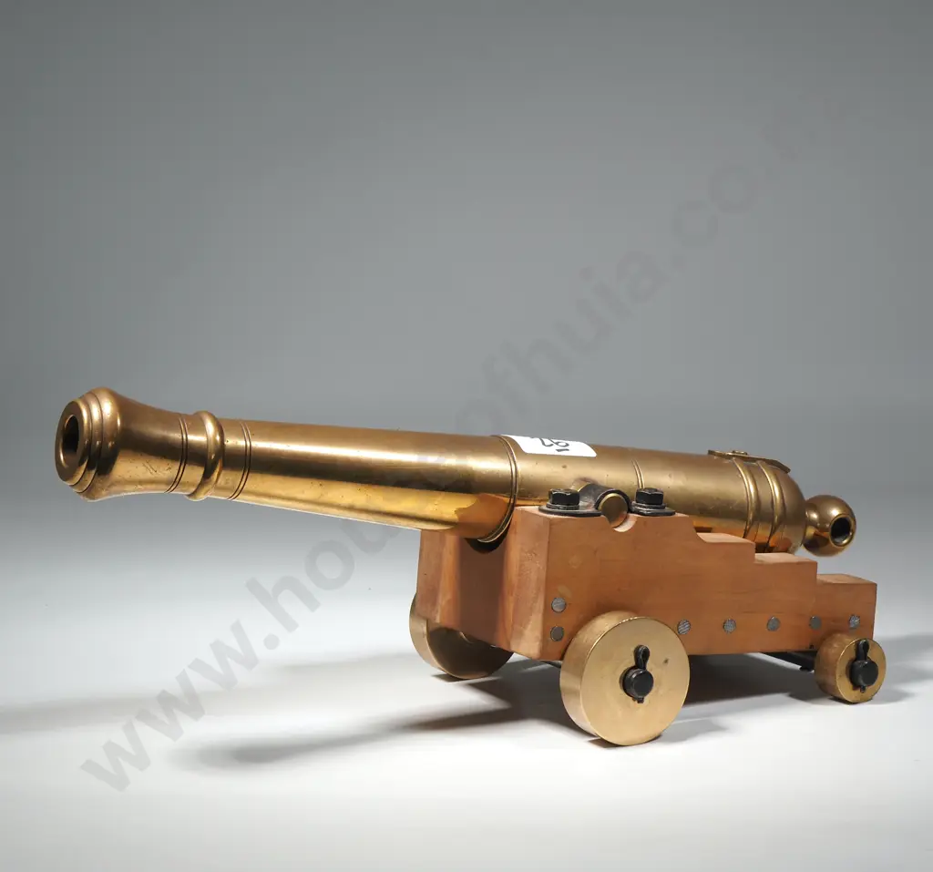 Small Brass Scale Model Of A Cannon Mounted On A Wooden Carriage w Brass Wheels - Able to Be Fired with Black Powder Image 1++