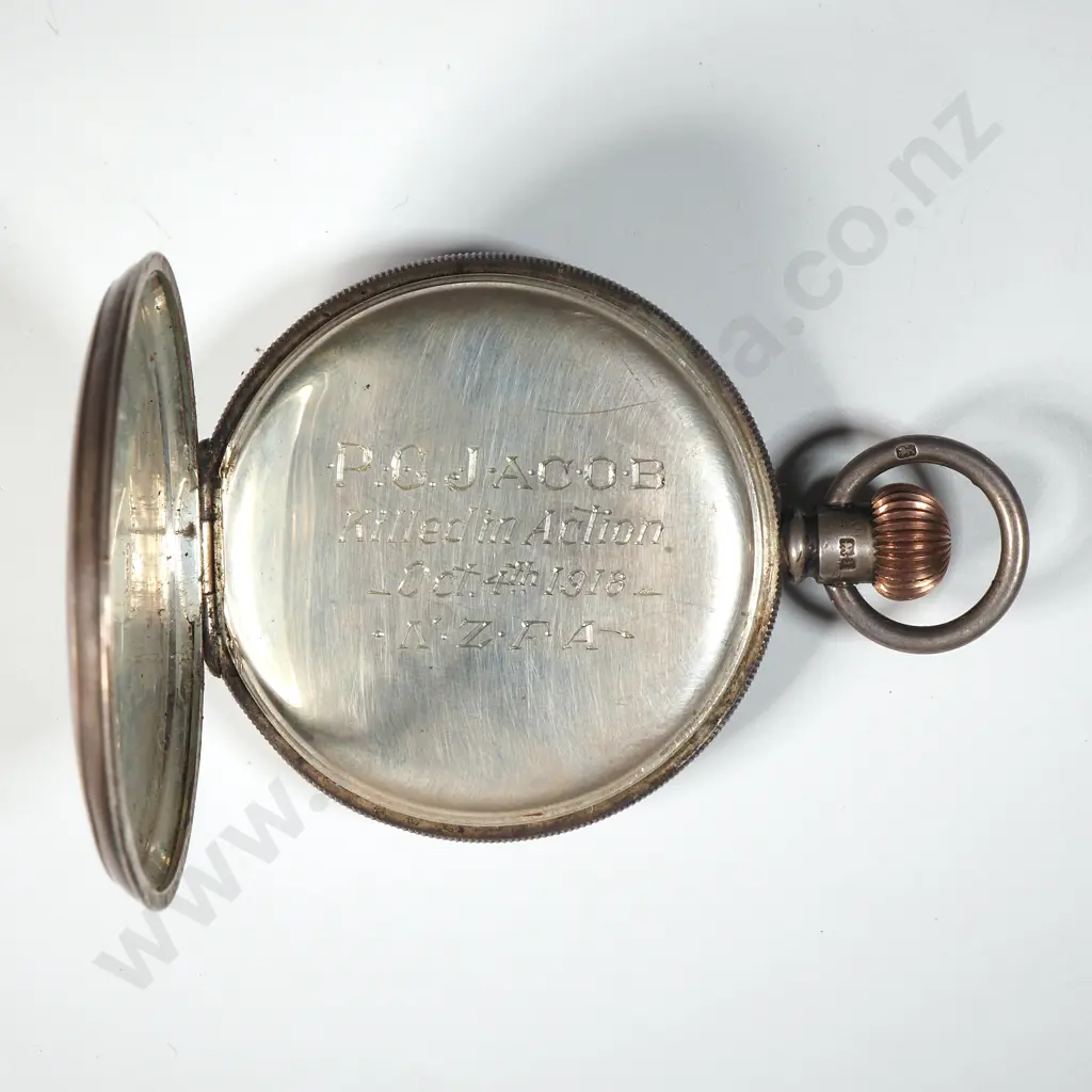 WW1 Sterling Silver Hunter Pocket Watch Token of Honour - Presented to P G Jacob Killed in Action 4th October 1916 NZFA Image 1++