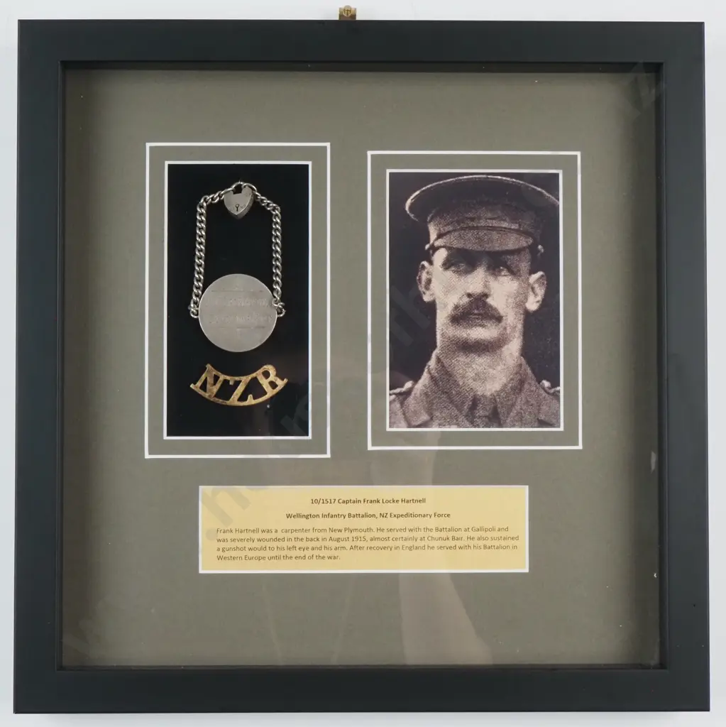 WW1 Silver Mounted Bracelet Dog Tag to 10.1517 Captain Frank Locke Hartnell NZEF - Wounded August 1915  Image 1++