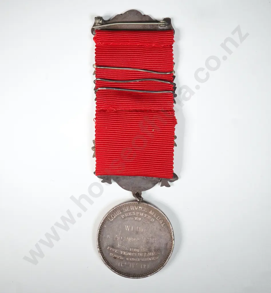 NZ UFBA Silver Medal to W L Hill Alexandra Volunteer Fire Brigade 2 Feb 1909 67.55 Grams Image 1++