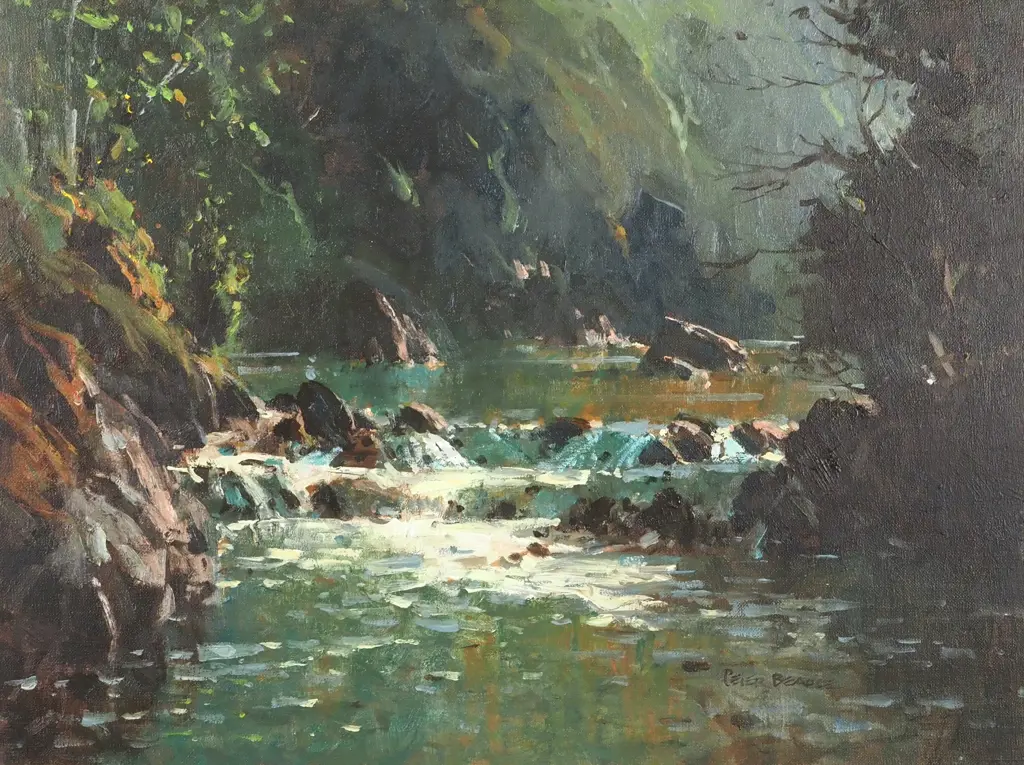 Peter Beadle. Percy Burn Stream, South Arm, Lake Manapouri. Oil on Board. Image 1++