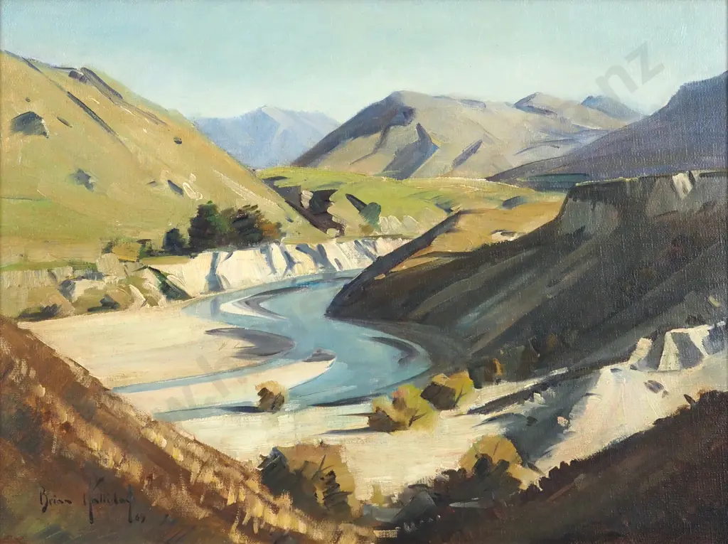 Brian Halliday. 1969. Shotover River. Oil On Board. Image 1++