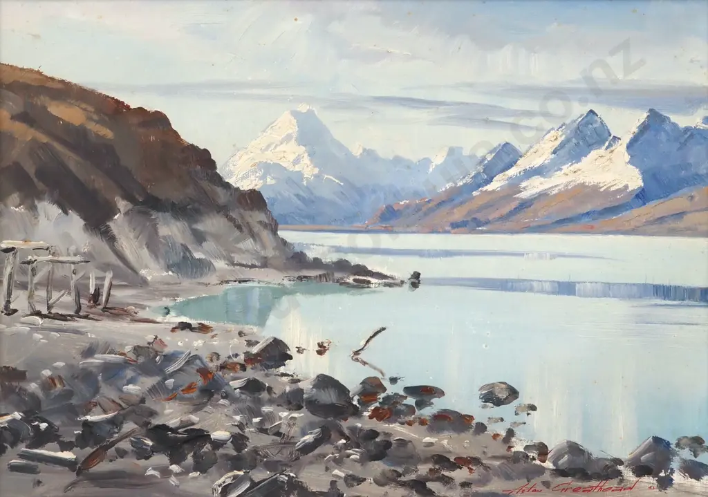 Aston Greathead "Mt Cook Lake Pukaki Level Very low Showing the piles of Bridge on First Cook Road" Oil on Board Image 1++