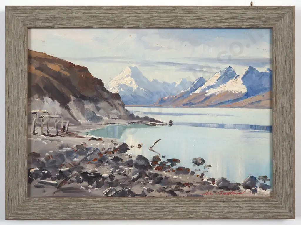 Aston Greathead "Mt Cook Lake Pukaki Level Very low Showing the piles of Bridge on First Cook Road" Oil on Board Image 1++