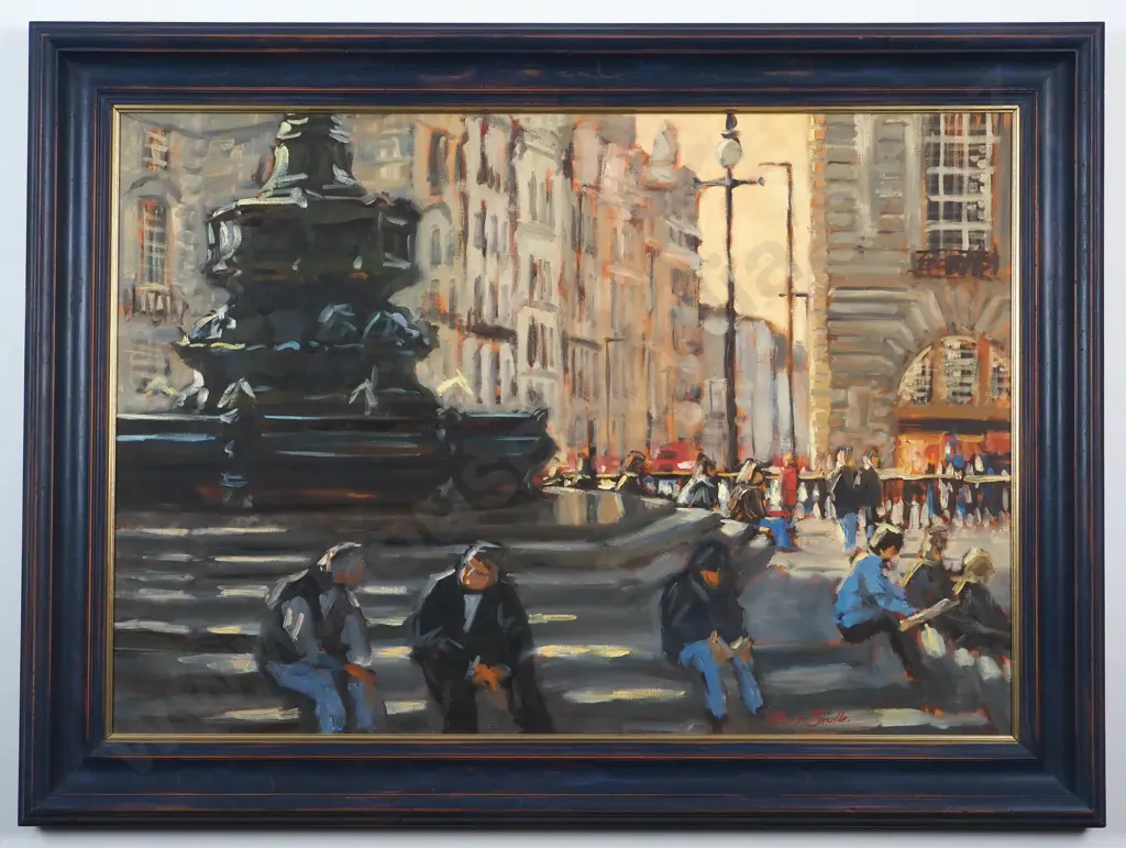 Philip Beadle. On the Steps of Eros, Piccadilly Circus. Oil. Image 1++