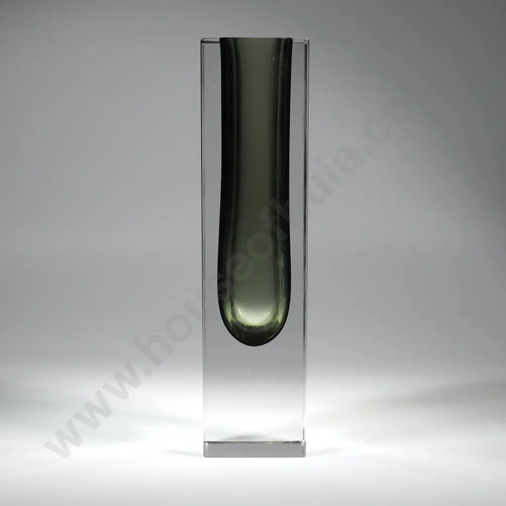 Vintage Murano Sommerso  Smoky Gray  Art Glass Square Form Vase. Image 1++