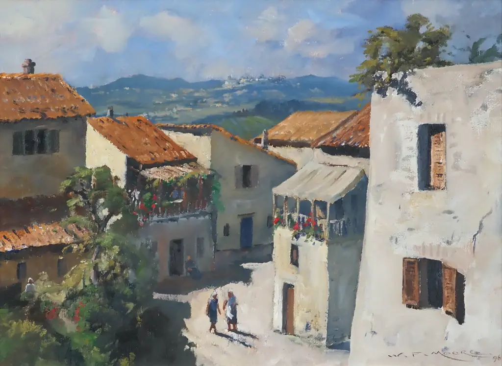 W F Moore, "Morning Conversation", Voltera, Tuscany. Oil On Board. Signed. 350 x 470mm Image 1++