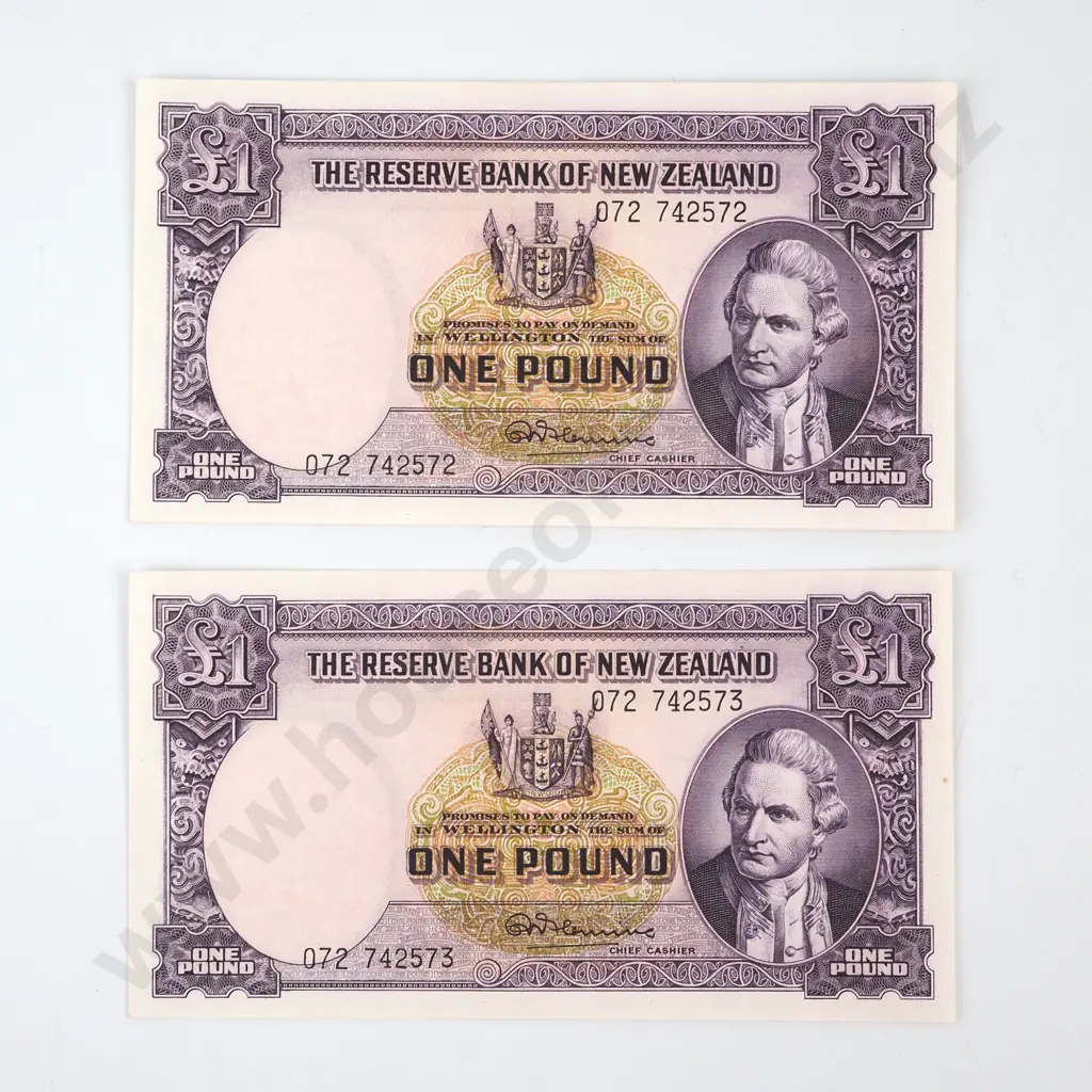 ONE POUND CONSECUTIVELY NUMBERED PAIR, FLEMING SIGNATURE, SERIALS 072 742572 / 3, UNCIRCULATED, C.V. $1000 Image 1++