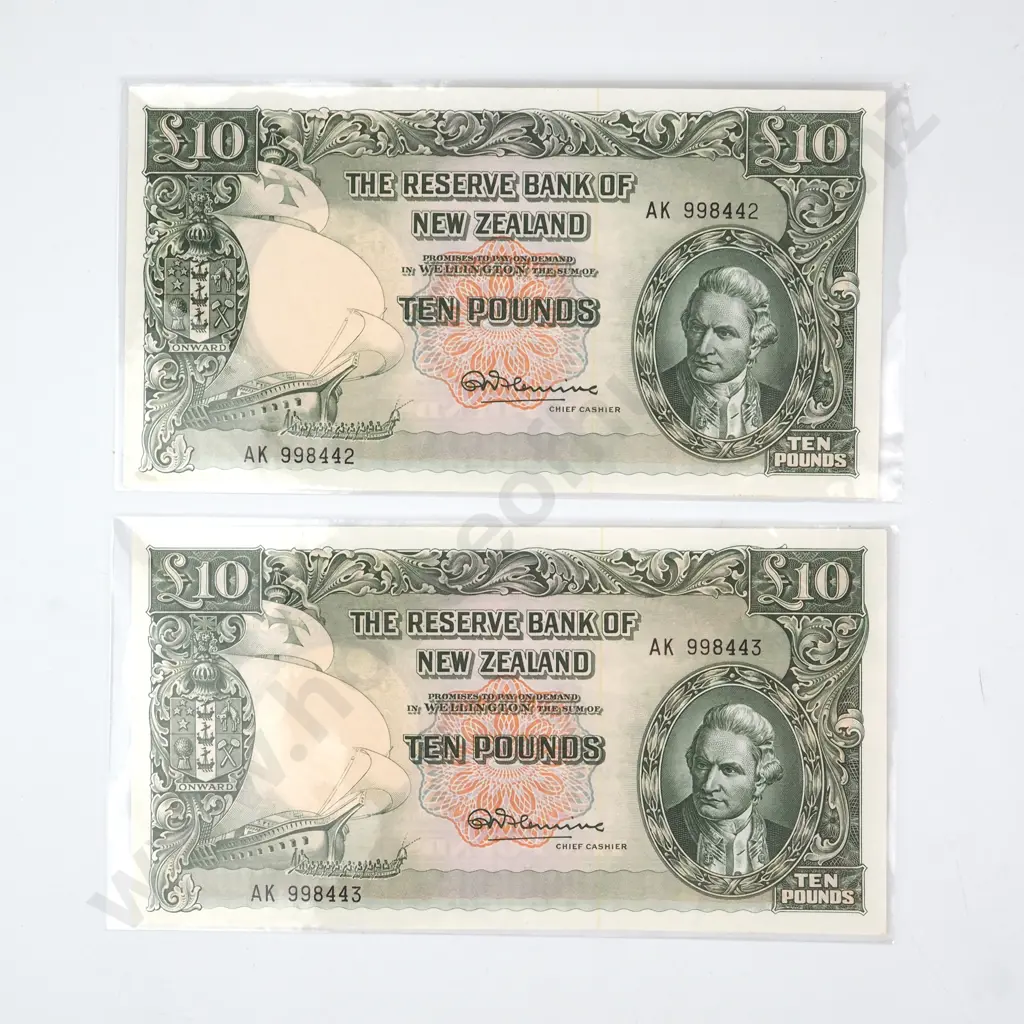 TEN POUNDS CONSECUTIVELY NUMBERED PAIR, FLEMING SIGNATURE, SERIALS  AK 998442 / 3, UNCIRCULATED, C.V. $1600 Image 1++