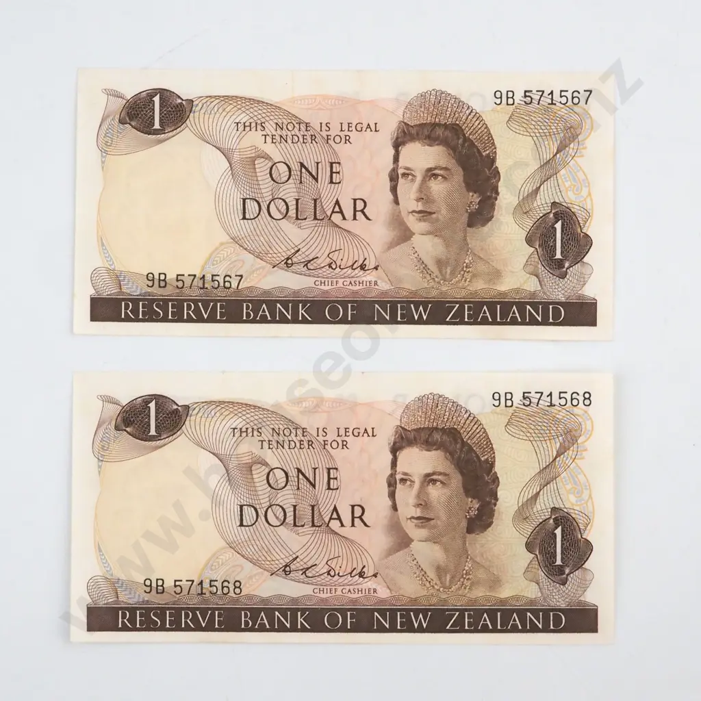 CONSECUTIVELY NUMBERED PAIR WILKS SIGNATURE, SERIALS 9B 571567, ALMOST UNCIRCULATED, C.V. $80 Image 1++