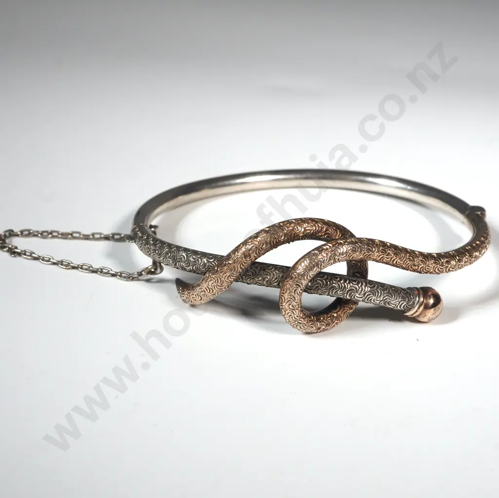 800 Silver Hinged Bracelet with Gold Tone & Silver Engraved Knot Decoration To Front  Image 1++