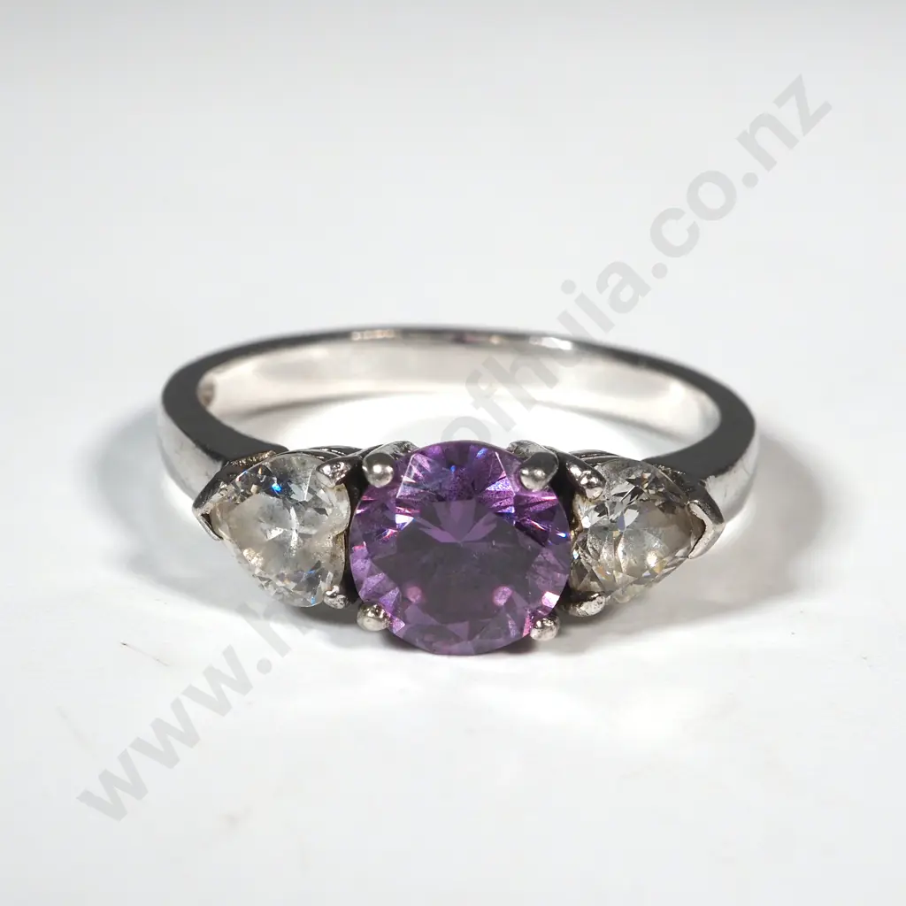 Sterling Silver Amethyst & White Stone Ring Image 1++