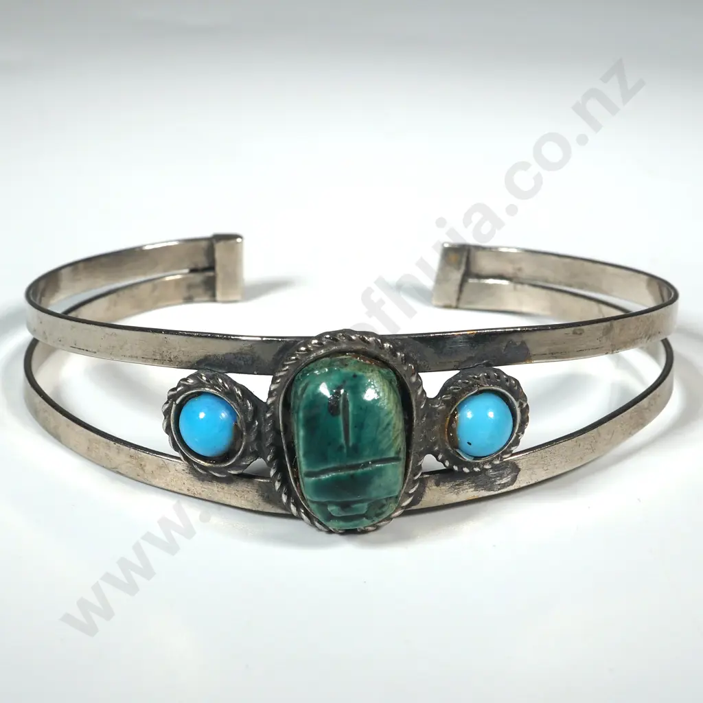 Sterling Silver Scarab Beetle and Turquoise Cuff Bracelet Image 1++
