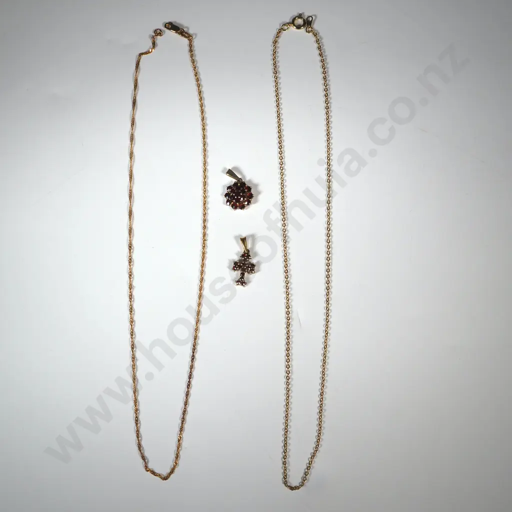 Two Gold Plated Over Sterling Silver Garnet Pendants & Gold Coloured Chains. Image 1++