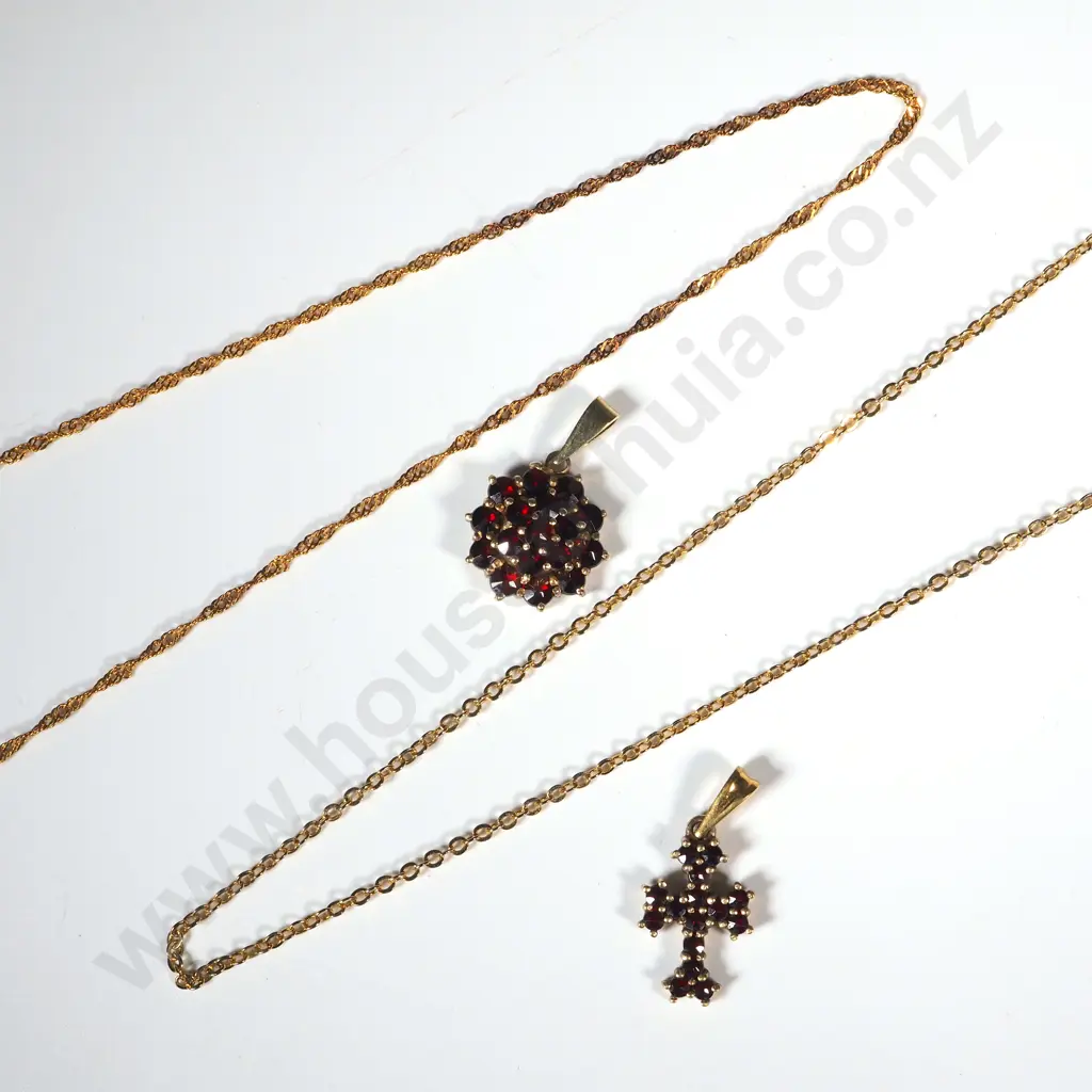 Two Gold Plated Over Sterling Silver Garnet Pendants & Gold Coloured Chains. Image 1++