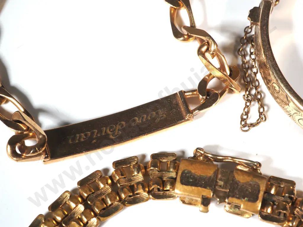 9ct Gold w Metal Core Child's Snap Bangle, Gold Coloured Dod Tag Style Bracelet, & Gold Brick Link Bracelet Image 1++
